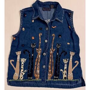 Vtg Life Styles Embroidered Denim Cat Vest Button Up Size XL Women's